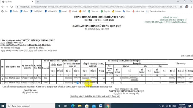 Mẫu báo cáo thống kê hóa đơn điện tử